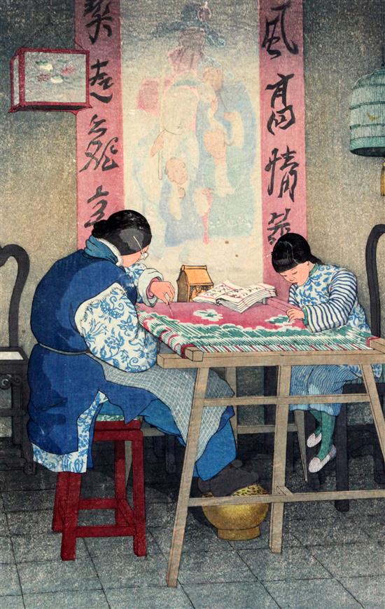 § Elizabeth Keith (1887-1956) Embroiderers, Soochow, overall 15.5 x 10.75in., unframed